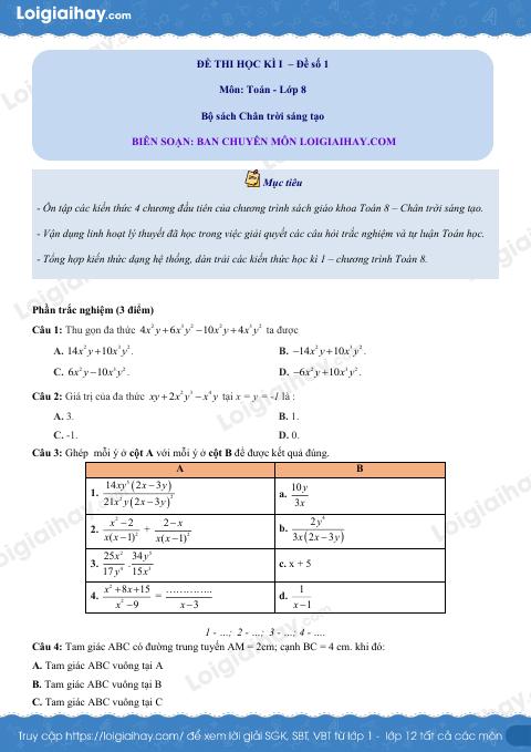 Đề thi học kì 1 Toán 8 - Đề số 1 - Chân trời sáng tạo